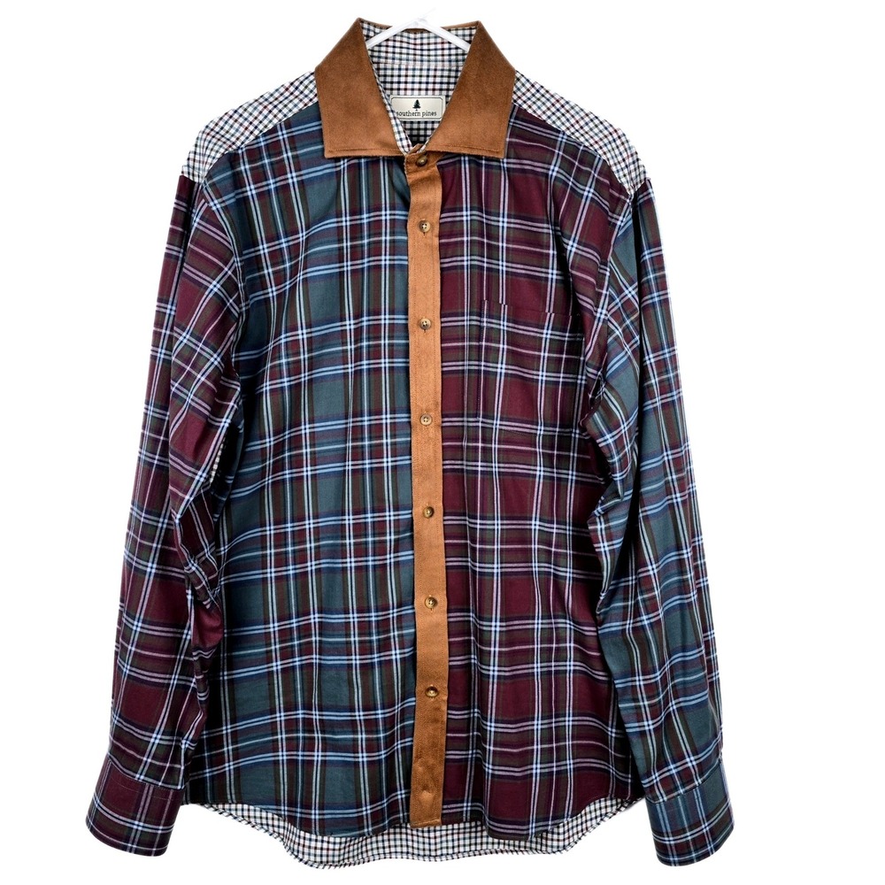 Southern Pines Mens Large Plaid Patchwork Button Down Shirt Suede Trim Burgundy